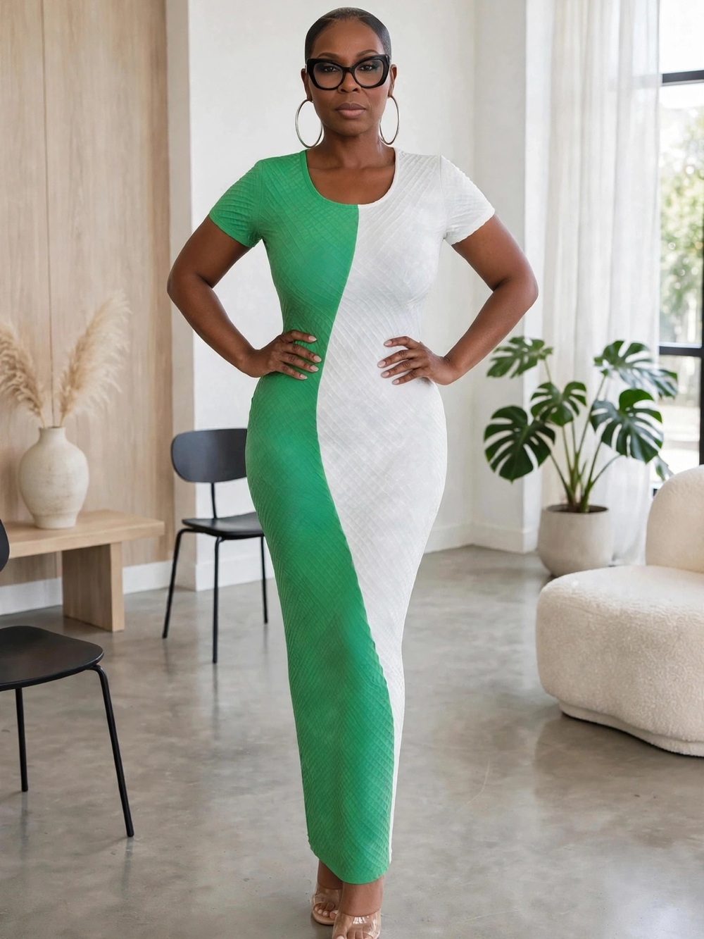Green & White Curve-Contoured Maxi Dress